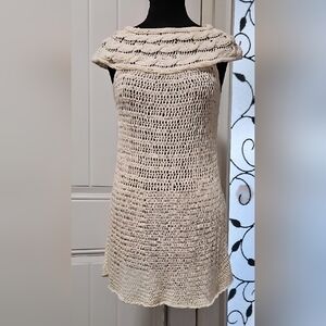 Pure Handknit Cream Crochet Knit Cotton Blend Mini Dress Size XS